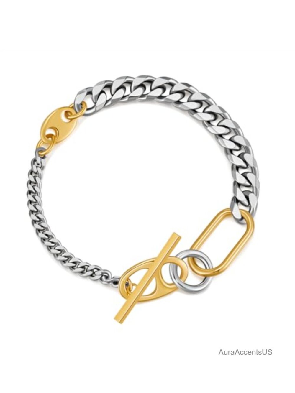 Two Tone Link Chain Bracelet Gold Plated Silver Plated Brass Cuban